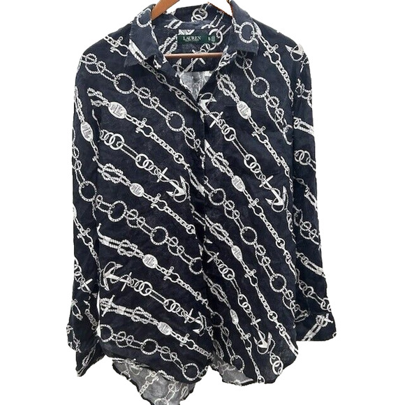 Lauren Ralph Lauren Shirt Chain Print Long Sleeves Button Up Linen Navy Blue XL - Picture 1 of 7
